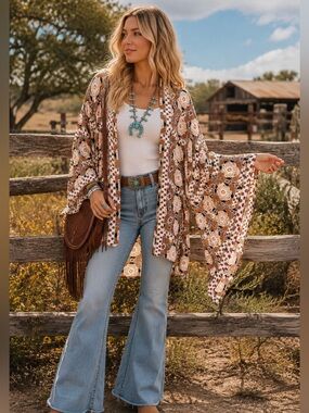 Voom by Joy Han Boho Kimono Cardigan S Open Front Bell Sleeve Festival Duster